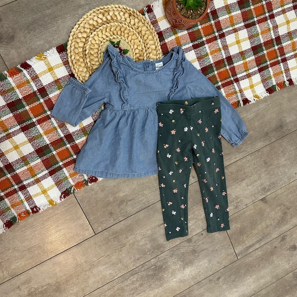 Carter’s 2T Toddler Girl Chambray Blouse & Floral Leggings Outfit Set - Picture 2 of 13